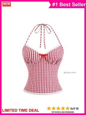Plaid Gingham Halter Crop Top Bow Tie Open Back Shirt